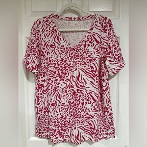 Belle by Kim Gravel XS TripleLuxe Knit Mixed Animal V-Neck Top Hot Pink NEW